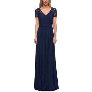 La Femme 29772 Floral Embroidered Ruched Back Jersey Gown